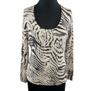 Mainbocher Cashmere White Black Zebra Print Scoop Neck Light Knit Top Sweater XL